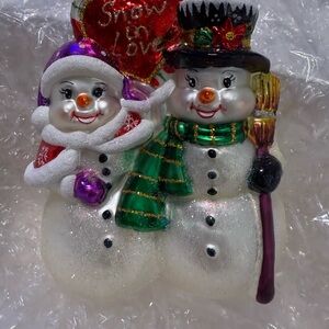 Christopher Radko Snowman Couple Ornament with Red and Green Accents